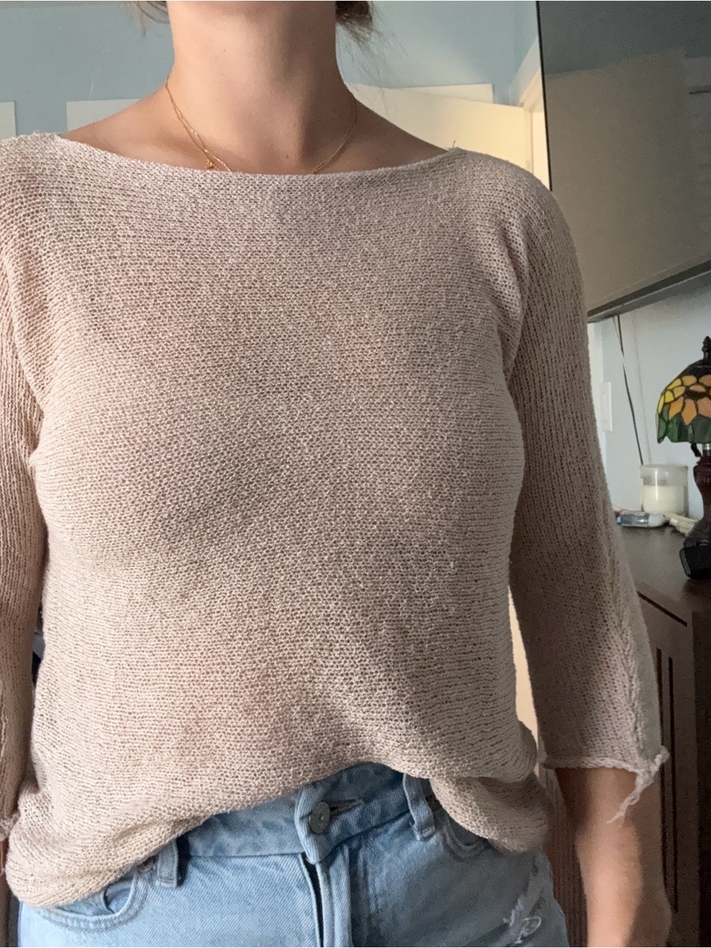 SHEIN Beige Off-the-Shoulder Lightweight Knit Sweater
